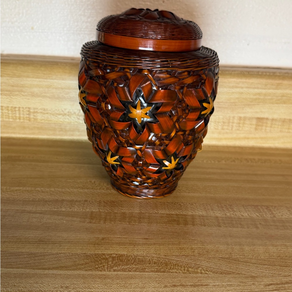 vintage handwoven rattan ginger jar with ceramic vase trinket jar storage